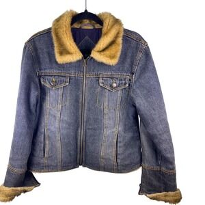 NY‎ Classics Sports Denim Jacket Faux Fur Trim Blue Wash Size Medium Y2K Grunge